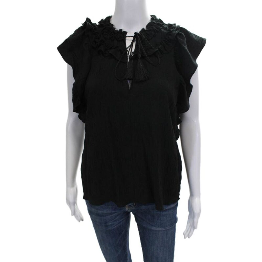 Central Park West Women Black V-Neck Tie Sleeveless Blouse Size S